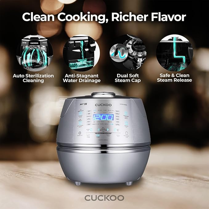 CUCKOO High Pressure Rice Cooker 10-Cup Uncooked / 20-Cup Cooked with Induction Heating Technology, Large Rice Maker with 17 Menu Options and Steam Plate, Voice Guide, Silver (CRP-CHSS1009FN)