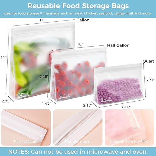 SPLF 8 Pack Dishwasher Safe Reusable Storage Bags (4 Half Gallon Freezer Bags, 4 Quart Sandwich Snack Bags), BPA FREE Stand Up Extra Thick Leakproof Silicone and Plastic Free Zipper Lunch Food Bags