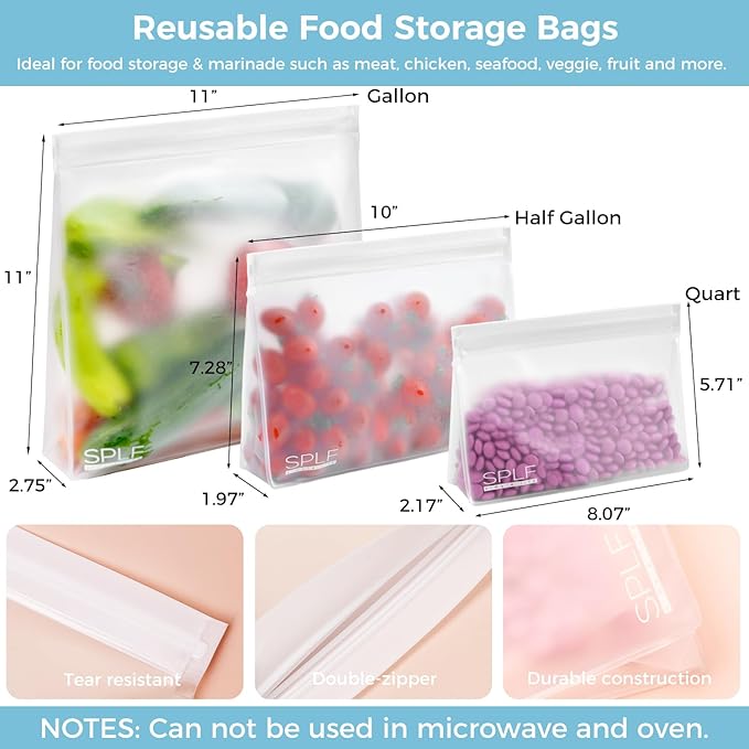 SPLF 6 Pack Reusable Half Gallon Freezer Bags, Reusable Food Storage Bags, Bpa Free Stand Up Extra Thick Leakproof Silicone and Plastic Free Zipper Sandwich Snack Lunch Bags