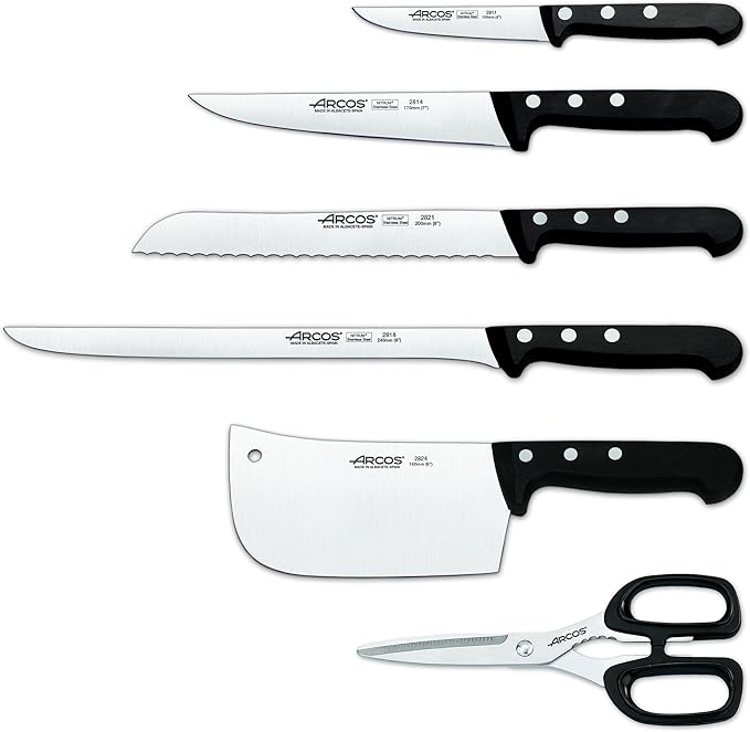 ARCOS Knife Set 6 pieces Nitrum Stainless Steel. 3760 gr. Pine Wood Block. Ergonomic Polyoxymethylene POM Handle. Series Universal. Greater control. Color Black.
