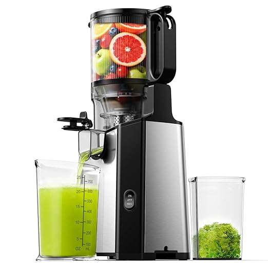 Cold Press Juicer Machines, EUHOMY 5.6" Wide Feed Chute Juicer Machines with 400W, Slow Masticating Juicer for Whole Fruits & Vegetables, High Juice Yield, Easy to clean, Black Stainless Steel