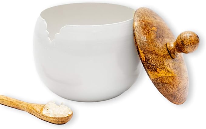 GoCraft Sugar Bowl with Wooden Lid and Spoon – Drum Shape, Shiny White Finish, Elegant Sugar Container for Coffee, Tea, Dining, Kitchen, Home Use, Stylish Sugar Dispenser for Table, Easy to Use