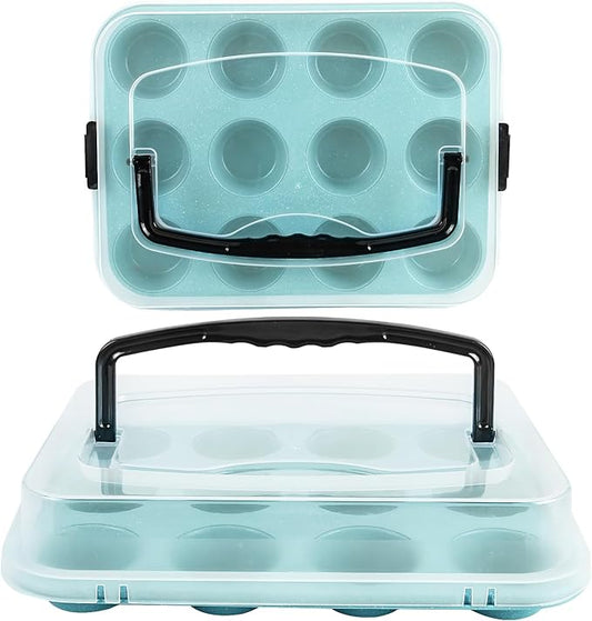 Spmarkt Blue 12-Cup Muffin Pan with Lid, 2-Pack Metal Cupcake Pan with Handle, Portable Blue Muffin Pans Nonstick 12 with Cover Ideal for Easy Carrying, Holiday, Party and Travel