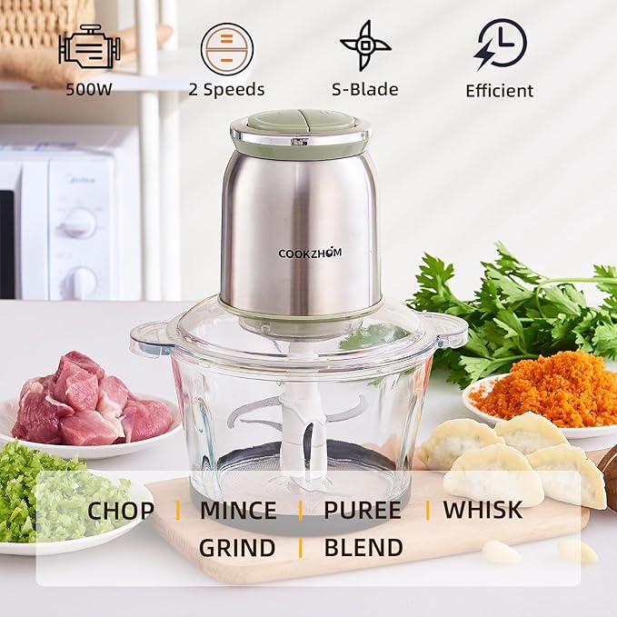 COOKZHOM Food Processor 8 Cup, 500W Electric Food Chopper,Meat Grinder with Glass Bowl and 2 Sharp Blades Set for Vegetable, Meat, Nuts, Functions for Chopping, Dicing, Mixing and Puree
