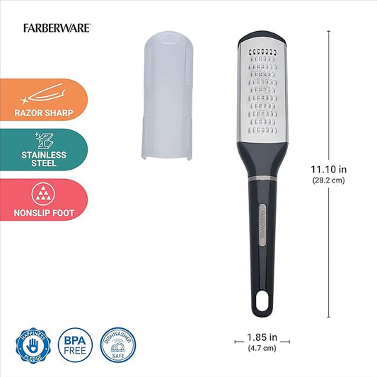Farberware Professional Slim Zester and Grater – Stainless Steel Blade for Citrus, Ginger, Garlic, Cheese, and Herbs – Compact Design with Blade Cover, Dishwasher Safe
