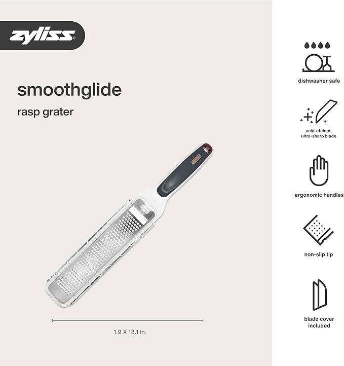 Zyliss SmoothGlide Rasp Grater – Fine Handheld Grater & Citrus Zester with Razor Sharp Stainless Steel Blade & Ergonomic Handle - Protective Cover with Measurements & Scraper - Handy Kitchen Essential