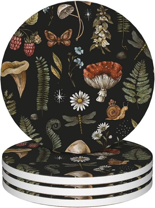 Coasters for Drinks, Set of 4 Absorbent Ceramic Coasters, Vintage Mushroom Plants Design, Non-slip Cork Base, Green, Black, Round
