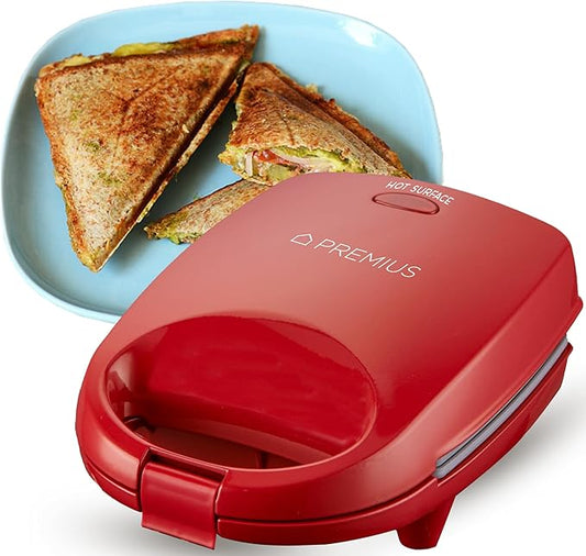 Ceramic NonStick Mini Snack Sandwich Maker, Indicator Light, 5x4.4 Inch Mold, Great for French Toast, Tuna Melt, Egg & Grilled Cheese, Pancake Sandwich, Desserts, Toasties, 520 W (Red)