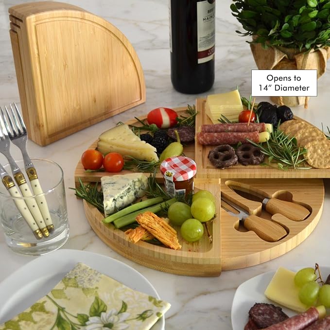 Picnic at Ascot Bamboo Cheese/Charcuterie Board with Knives & Cheese Markers- Innovative Patented Design enables All in One Storage