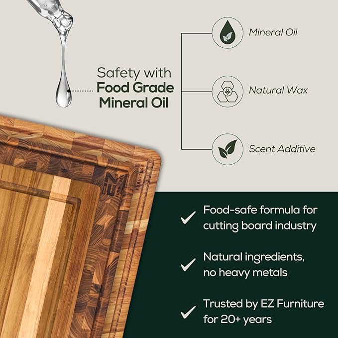 EZ FURNITURE Teak Herringbone Wood Premium Cutting & Serving Board, Knife Friendly, Non-Toxic, Juice Groove & Handles, Pre-Oiled with Food-Grade Mineral Oil (XL 24" x 18" x 1.5", 16.98 lbs)