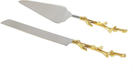 RS Accessories LLC Server Set, Cake, Pie, Desert Flatware Set, Tree Branch Design, 2-Piece 18/10 Stainless Steel with Brass Handles (Light Antique Gold Finish)…
