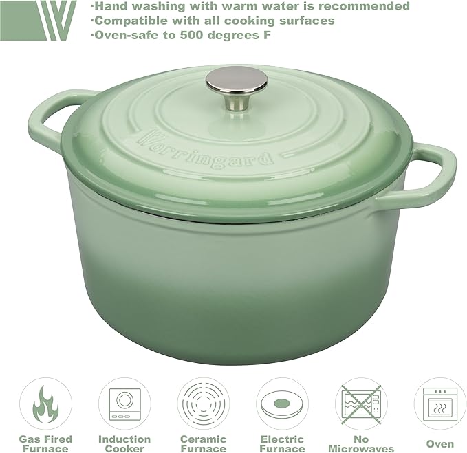 VORRINGARD Enameled Cast Iron Dutch Oven Pot with Lid, for Sourdough Bread Baking, Round Dutch Ovens, 4.5 Quart, Green