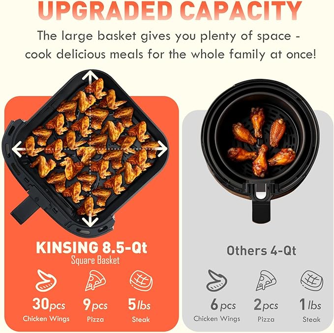 KINSING Air Fryer 8 in 1, XL 8.5 QT Large Airfryer with View Windows,MAX 400℉ for Crispy, 85% Less Oil, Fast Roast, Preheat, Shake, Bake, Non-Stick Basket for Easy Clean, With Professional Recipes