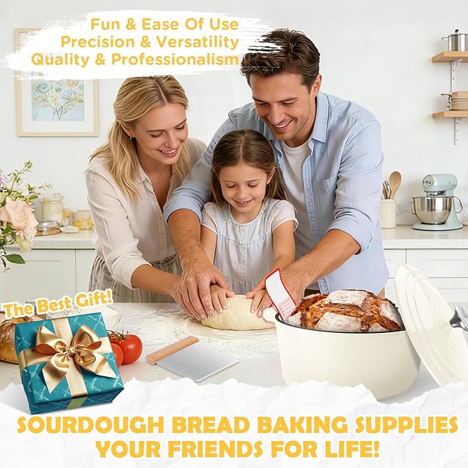 Enameled Cast Iron Dutch Oven Pot with Lid, Incl. Sourdough Bread Baking Supplies Like Banneton Bread Proofing Basket, Starter Jar, Scoring Tool Lame, 5QT Dutch Oven for Bread Baking, Oven Safe up to 500°F