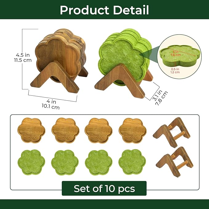 8-Piece Acacia Wood & Absorbent Felt Coaster Set with Stand, Decorative Flower Design - 4" Minimalist Drink Holders for Cold & Hot Drinks, Rustic Modern Decor for Bar & Office - Natural