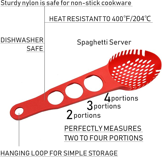 Nylon Spaghetti Server Non-Stick Pasta Fork Slotted Spoon Food Strainer with Spaghetti Measure Tool Strainer Ladle for Kitchen Dishwasher, Large Size