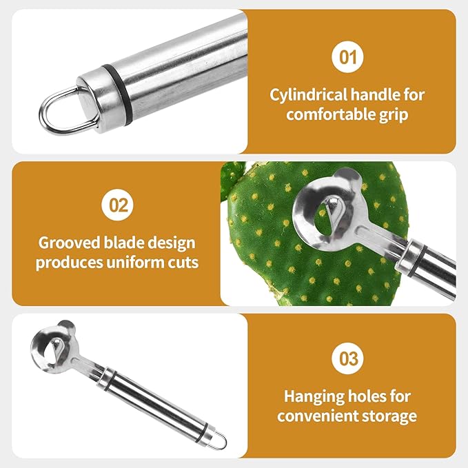 3pcs Spoon Cactus Peeler,Stainless steel strip long hole cactus thorn removal tool,Sliced Chinese Noodle Cutter for Cooking Kitchen Gadgets (3p-Silver)