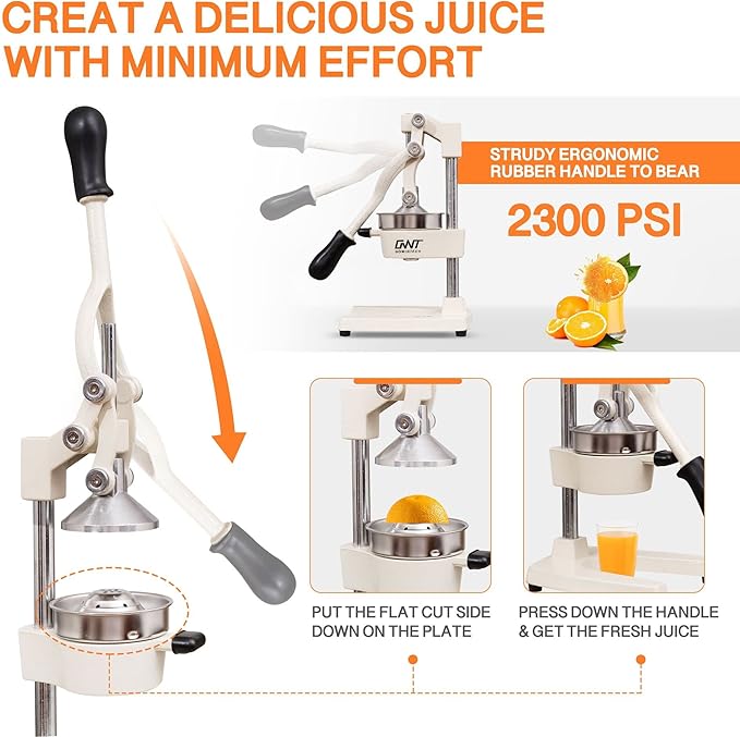 Commercial Heavy Duty Cast Iron Hand Press Manual Orange Citrus Lemon Lime Grapefruit Pomegranate Fruit Juice Squeezer Machine with Stainless Steel Cup White