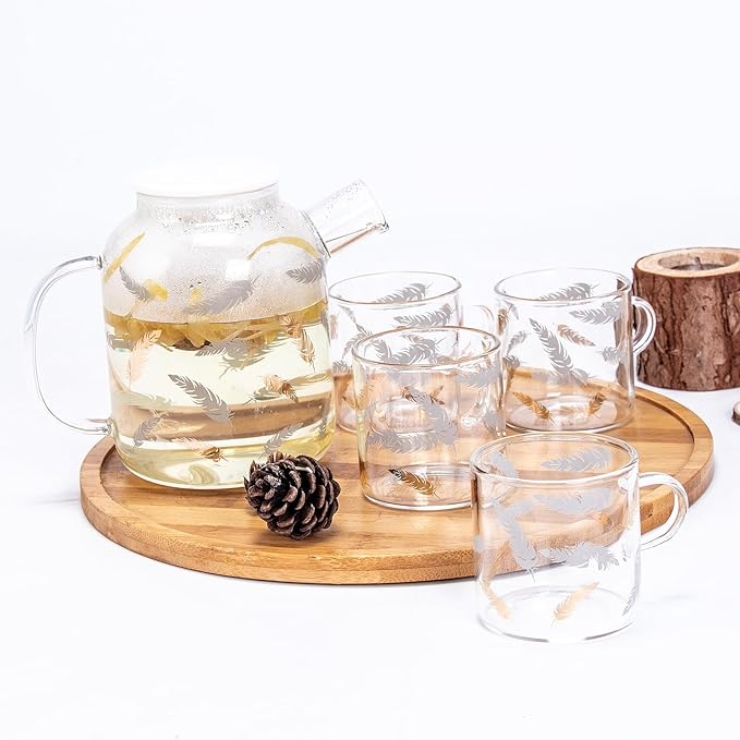 QUANSHNAGJU 5 Piece Glass Tea Pot Set, Golden Maple Leaf Pattern Glass Teapot 25.4oz 750ml With 4 Cups 5.4oz 160ml Stovetop Safe Teapot For Loose Leaf Tea, Perfct As Tea Gift Sets.