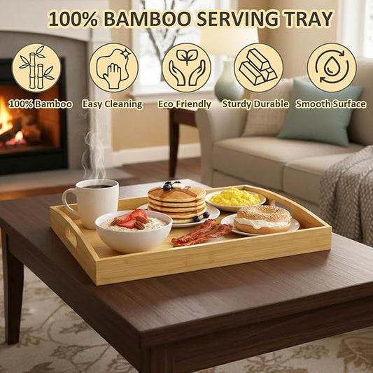 Bamboo Serving Tray with Handles, Set of 2 Large Wood ServingTrays for Food & Coffee, Elegant Wooden Tray for Breakfast in Bed, Kitchen & Party-Natrual Finish