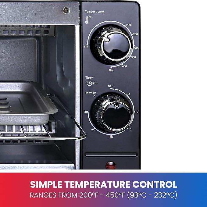 Total Chef Toaster Oven - Countertop Oven for Toast, Bake, Broil, Pizza, Compact Size For Small Kitchen, Appliance with Timer, Black