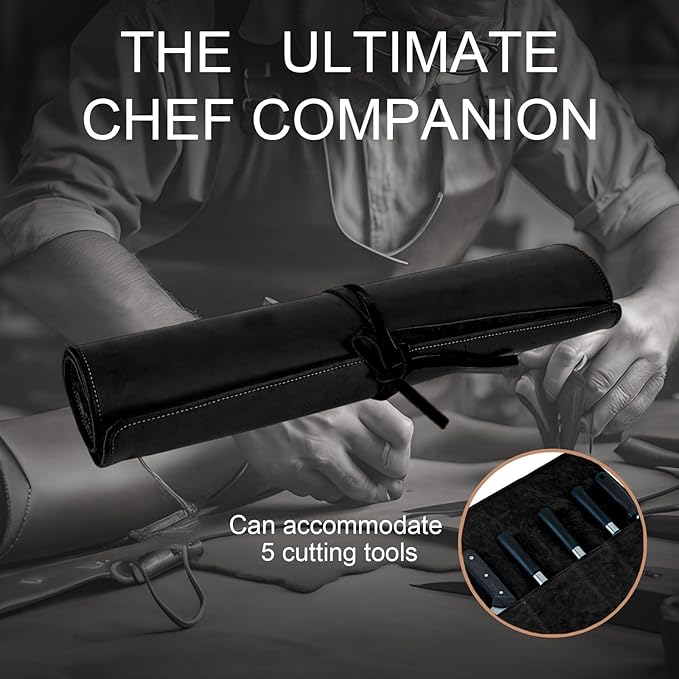 Genuine Leather Knife Roll, Knife Bags for Chefs Professional, Small Chef'S Knife,Knives Holders Protectors with 5 Slots (Black)