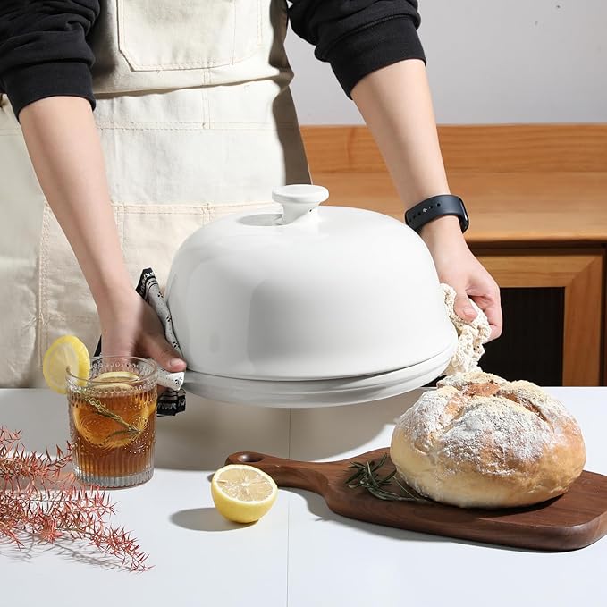 Sweejar Ceramic Bread Oven with Lid, Large Sourdough Bread Baking Pan with Handle, 5QT Porcelain Round Bread Cloche For Baking, Cooking, Roasting (White)