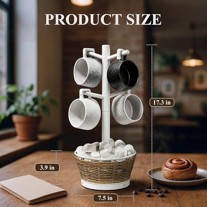 Wood Mug Holder Tree with Woven Basket, 4 Hooks Coffee Mug Holder, Countertop Mug Tree for Kitchen Counter Cabinet Coffee Bar Accessories Cup Display Organizer Hanger(White)