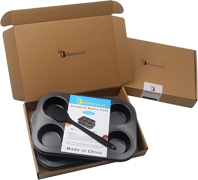 Bakexcel Non-Stick Muffin Pans, 6-Cup Standard Baking Pans Set of 2 with a Scraper for Perfect Muffins & Cupcakes