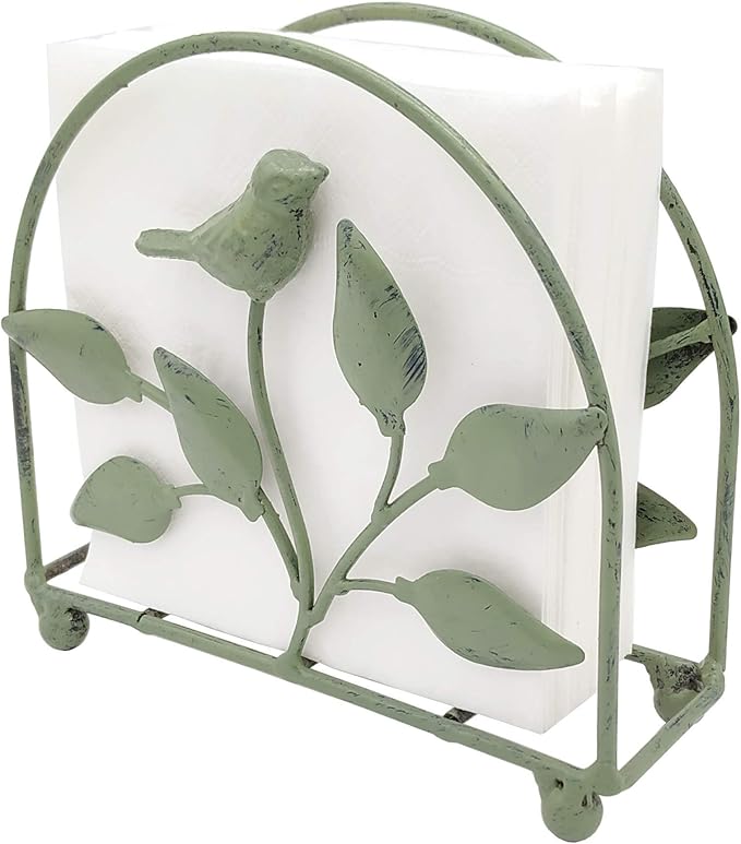 Cast Iron Bird & Tree Classic Napkin Holder/Tabletop Freestanding Tissue Dispenser, Rustic Green