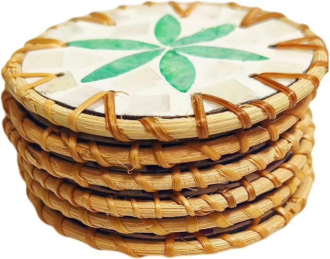 6 PCS Beverage Coasters, Handmade Rattan/Colorful Shell/Coffee&Tea Cup Coasters, Insulated and Cold Proof Beverage, Desktop Protection, and Special Home Gifts
