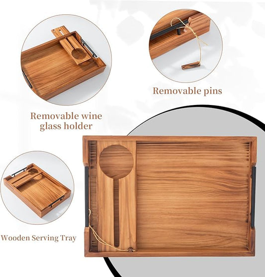 Serving Tray with Handles, 17"x12" Wooden Tray with Removable Wine Glass Holder Ottoman Tray Wood Serving Trays with Metal Handles for Breakfast, Dinner, Coffee Table, Food Drinks