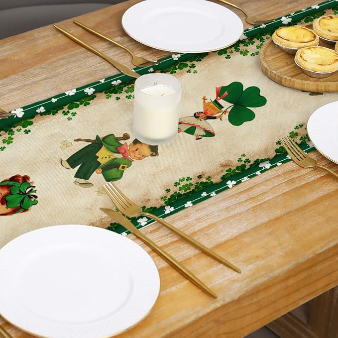 Vintage St. Patrick's Day Table Runner St Patricks Day Decorations - Green Lucky Vintage Style Boys Girls Clover Spring Home Kitchen Dining Table Decor, St Patricks Day Party Decorations 13x72 Inch