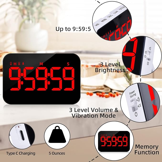 Kitchen Digital Timer, Count Down Up, Rechargeable, Vibration Mode Adjustable Volume and Brightness LED Display, Time Management Cook, Desk, Kids Adults Study Teaching, Kitchen Gadgets RGB