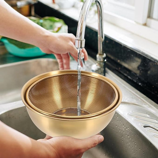 Stainless Steel Basin and Fine Mesh Rice Strainer Set 7.08In Kitchen Drainer for Washing Vegetables Fruits and Cooking Rice with Metal Colander Basket