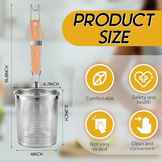 Tessco for you 6 Pcs Stainless Steel Pasta Basket with Wood Handle Pasta Strainer Kitchen Mesh Spider Noodle Strainer Skimmer Food Dumpling Noodle Blanching Basket(4.7 Inch,Light Wood Color)