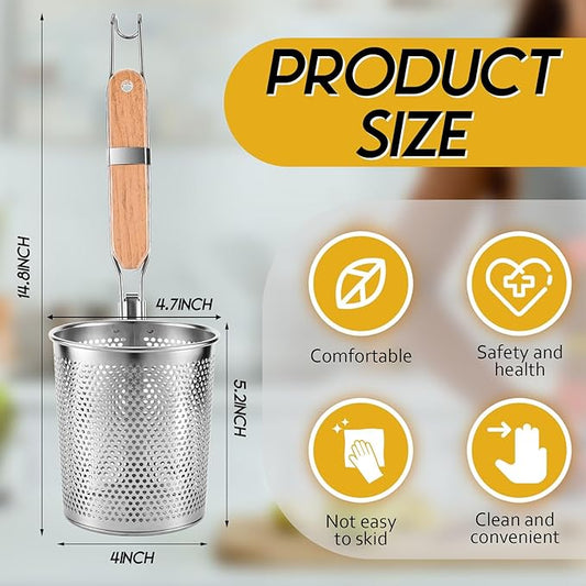 Tessco for you 6 Pcs Stainless Steel Pasta Basket with Wood Handle Pasta Strainer Kitchen Mesh Spider Noodle Strainer Skimmer Food Dumpling Noodle Blanching Basket(4.7 Inch,Light Wood Color)