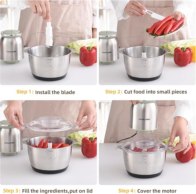 COOKZHOM Food Processor 8 Cup, 500W Electric Food Chopper,Meat Grinder with Stainless Steel Bowl and 2 Sharp Blades Set for Vegetable, Meat, Nuts, Functions for Chopping, Dicing, Mixing and Puree