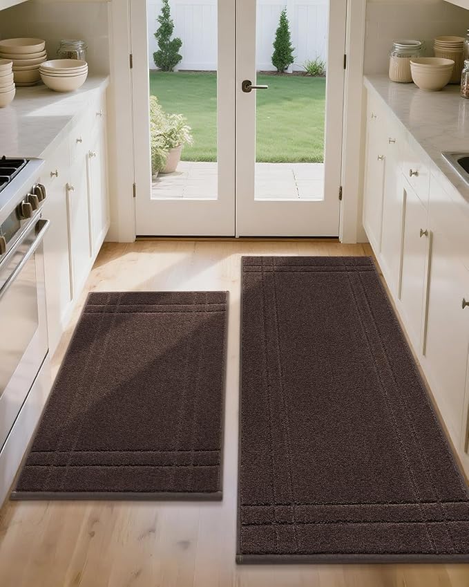 JSEI Kitchen Mats for Floor, Non-Slip Kitchen Rugs, Soft Washable Absorbent Kitchen Mats 2 PCS, Kitchen Runner Rug with TPR Backing, Polyester, 24"x36"+24"x60", Brown