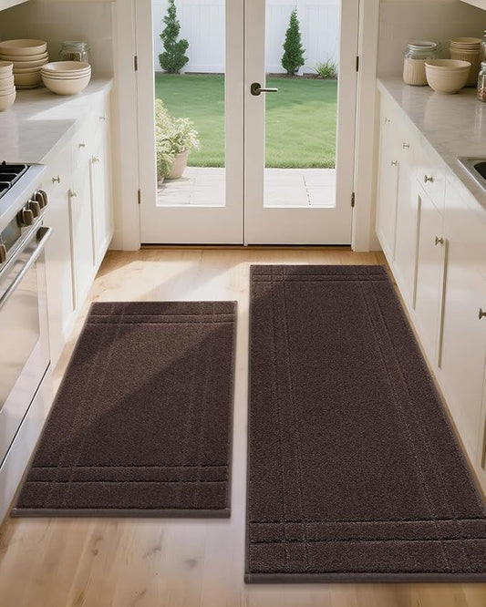 JSEI Kitchen Mats for Floor, Non-Slip Kitchen Rugs, Soft Washable Absorbent Kitchen Mats 2 PCS, Kitchen Runner Rug with TPR Backing, Polyester, 24"x36"+24"x60", Brown