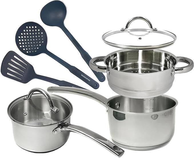 Stainless Steel Saucepan Glass Lid Casting Steel handle Induction Impact Bonded 8 PCS Set Steamer