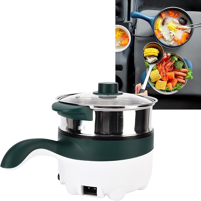 ZJchao Electric Hot Pot 2L Stainless Steel Multifunctional Portable Cooking Steamer for Home Car Kitchen 12V Green