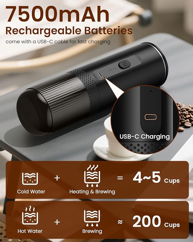 Amjdcoe Portable Espresso Maker, Electric Espresso Machine for Travel, Camping, Rechargeable USB-C Mini Coffee Maker for NS Capsule Pods and Ground Coffee, Matte Black