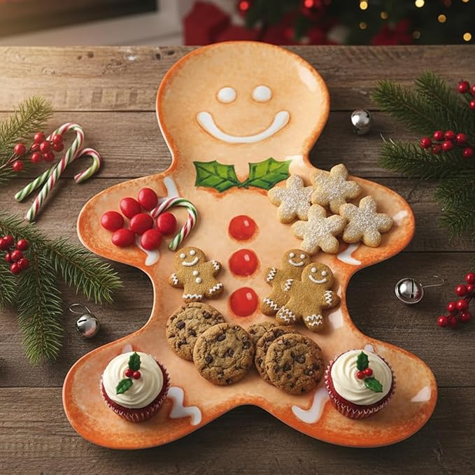 UP UPware Gingerbread Man Shaped Melamine Serving Platter, Christmas Holiday Party Tray, Festive Gingerbread Design, for Cookies, Snacks, and Appetizers, Brown,17 x 12.75 Inch