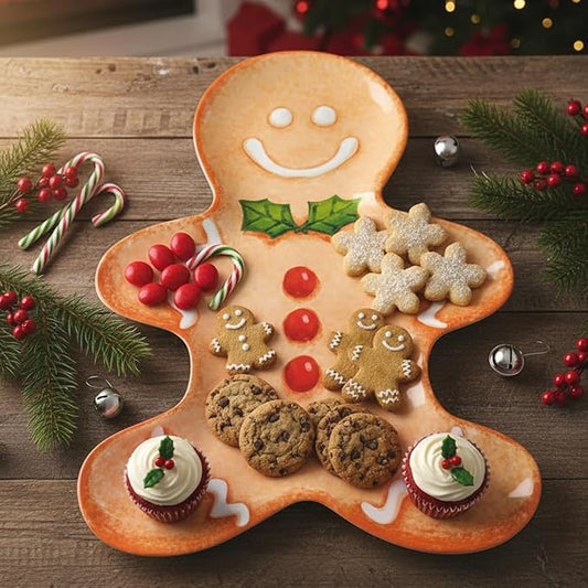 UP UPware Gingerbread Man Shaped Melamine Serving Platter, Christmas Holiday Party Tray, Festive Gingerbread Design, for Cookies, Snacks, and Appetizers, Brown,17 x 12.75 Inch