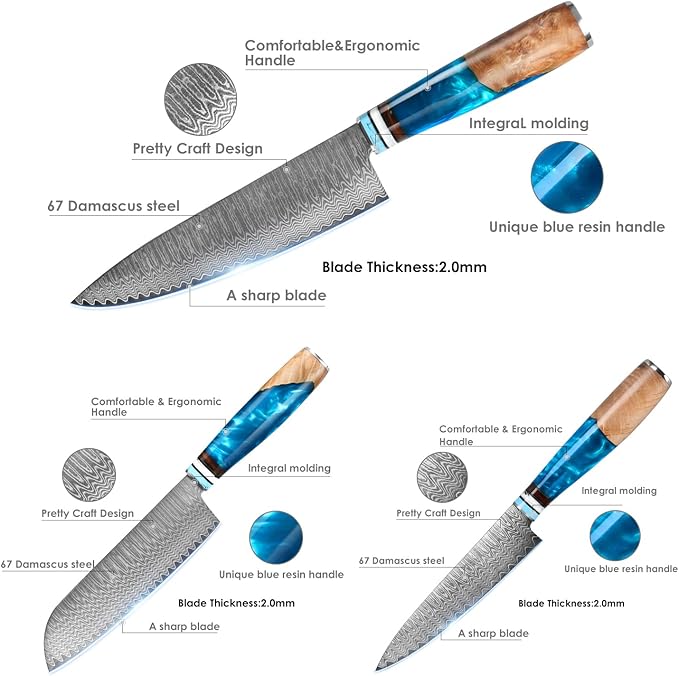 Chef Knife Set Damascus, 3PCS Professional Japanese VG10 Damascus Steel Kitchen Knife Set Chefs Knife, Paring knife, Santoku Knives, Chef Knife Set for Kitchen with Gift Box