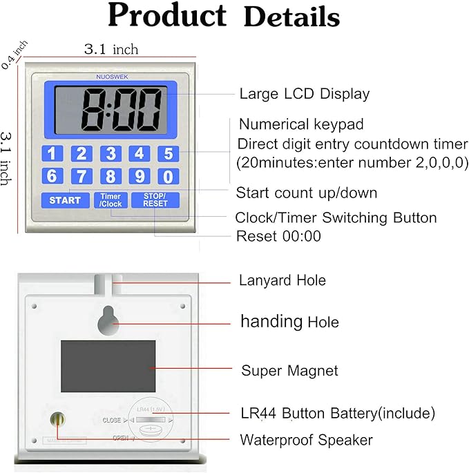 Digital Timer Waterproof Shower Timer Shower Clock Direct Digit Entry Bathroom Kitchen Timer with Strong Magnet and Large LCD Display (Waterproof 13 Key)