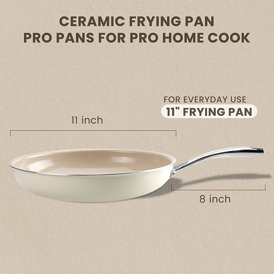 Kikcoin Non Stick Ceramic Frying Pans Skillet, 11-inch Healthy Non Toxic Cookware Egg Cooking Pan with Stay Cool Handle, PFAS & PTFE & PFOA Free, Dishwasher & Oven Safe (Cream Beige)