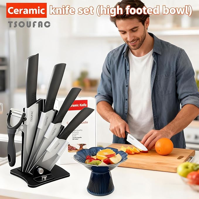 Ceramic knife Set with Block and Fruit Bowl, knives set for kitchen, knife set with block/covers, Ceramic High-foot Deep Fruit Bowl, cuisine knife set, Round Bowl for Salad - Ideal for Kitchen, Gifts