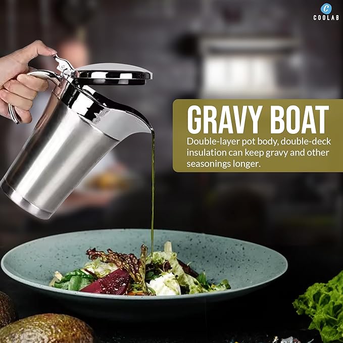 750ML Stainless Steel Gravy Boat with Lid – Double Insulated Gravy Pitcher for Hot & Cold Sauces – Elegant Sauce Boat Small Gravy Server for Steak, Turkey, and Holiday Dinners